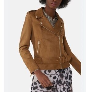 Zara Beige Tan Faux Suede Moto Jacket Size Small